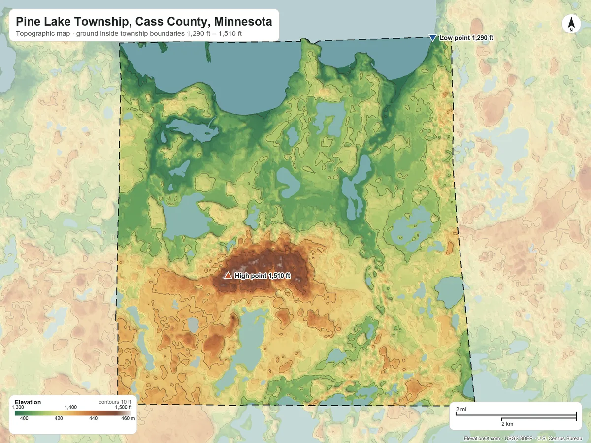 Topographic elevation map of Pine Lake Township, Cass County, Minnesota, shaded from 1,290 ft on the northeast side to 1,510 ft on the southwest side