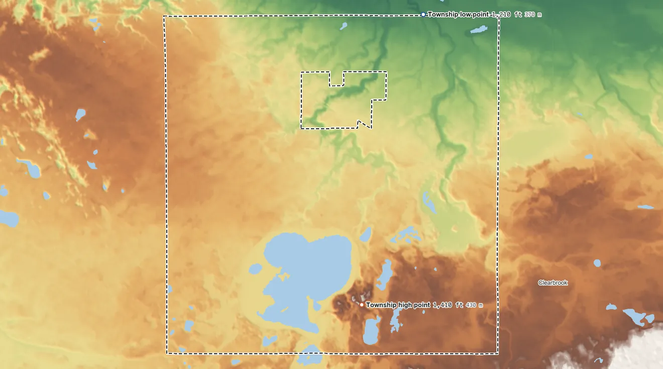 Topographic elevation map of Pine Lake Township, Clearwater County, Minnesota, shaded from 1,210 ft on the northeast side to 1,410 ft on the south side
