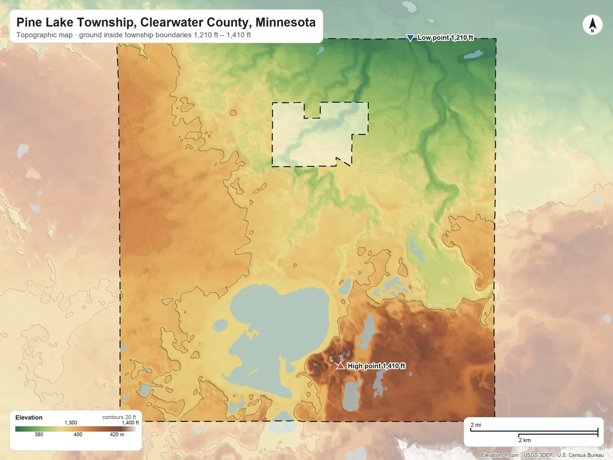 Topographic elevation map of Pine Lake Township, Clearwater County, Minnesota, shaded from 1,210 ft on the northeast side to 1,410 ft on the south side