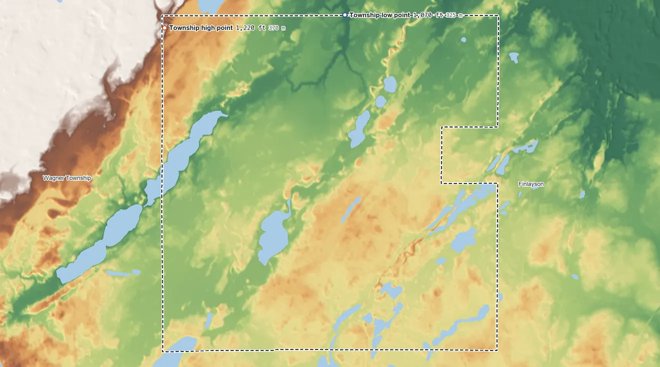 Topographic elevation map of Pine Lake Township, Pine County, Minnesota, shaded from 1,070 ft on the north side to 1,220 ft on the northwest side