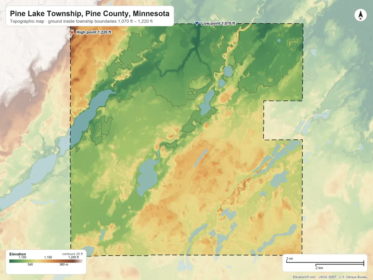 Topographic elevation map of Pine Lake Township, Pine County, Minnesota, shaded from 1,070 ft on the north side to 1,220 ft on the northwest side
