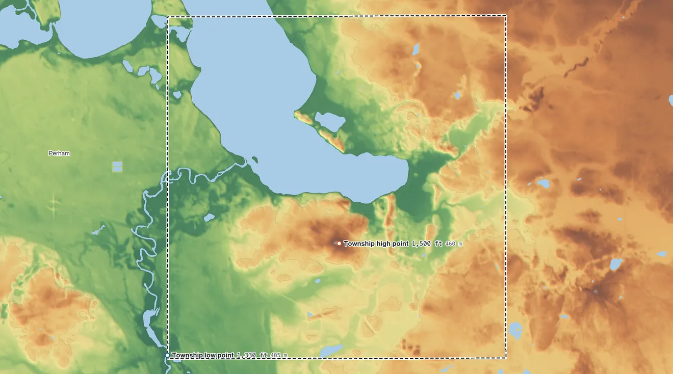 Topographic elevation map of Pine Lake Township, Minnesota, shaded from 1,330 ft on the southwest side to 1,500 ft on the south side