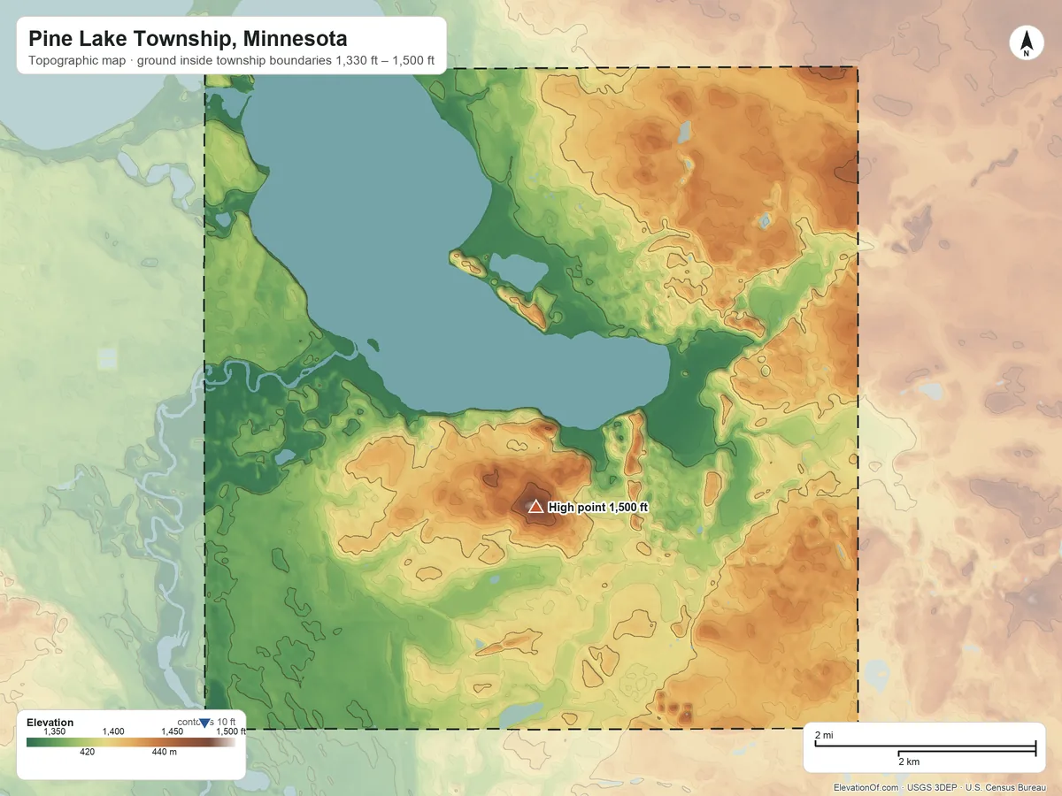Topographic elevation map of Pine Lake Township, Minnesota, shaded from 1,330 ft on the southwest side to 1,500 ft on the south side