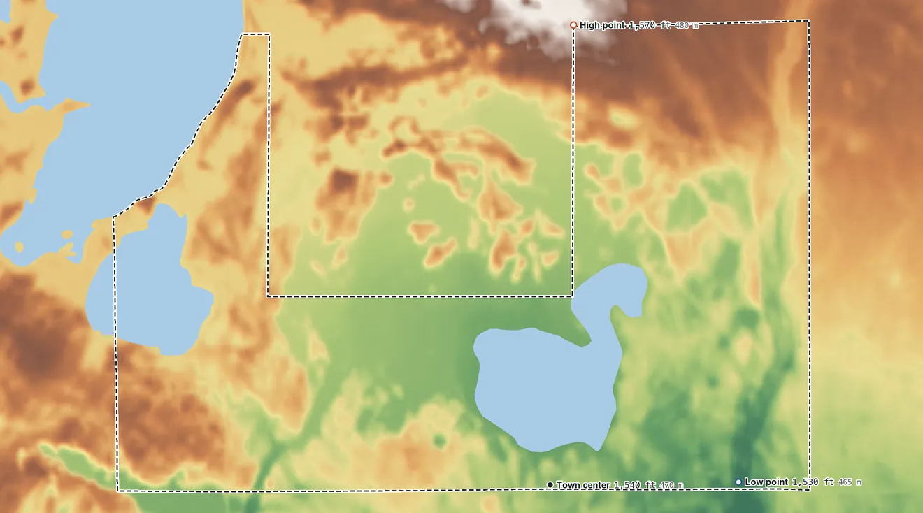 Topographic elevation map of Pine Point, Minnesota, shaded from 1,530 ft on the east side to 1,570 ft on the north side