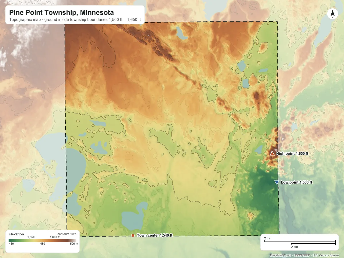 Topographic elevation map of Pine Point Township, Minnesota, shaded from 1,500 ft on the east side to 1,650 ft on the northeast side