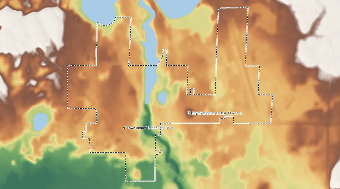Topographic elevation map of Pine River, Minnesota, shaded from 1,280 ft near the middle to 1,310 ft on the east side
