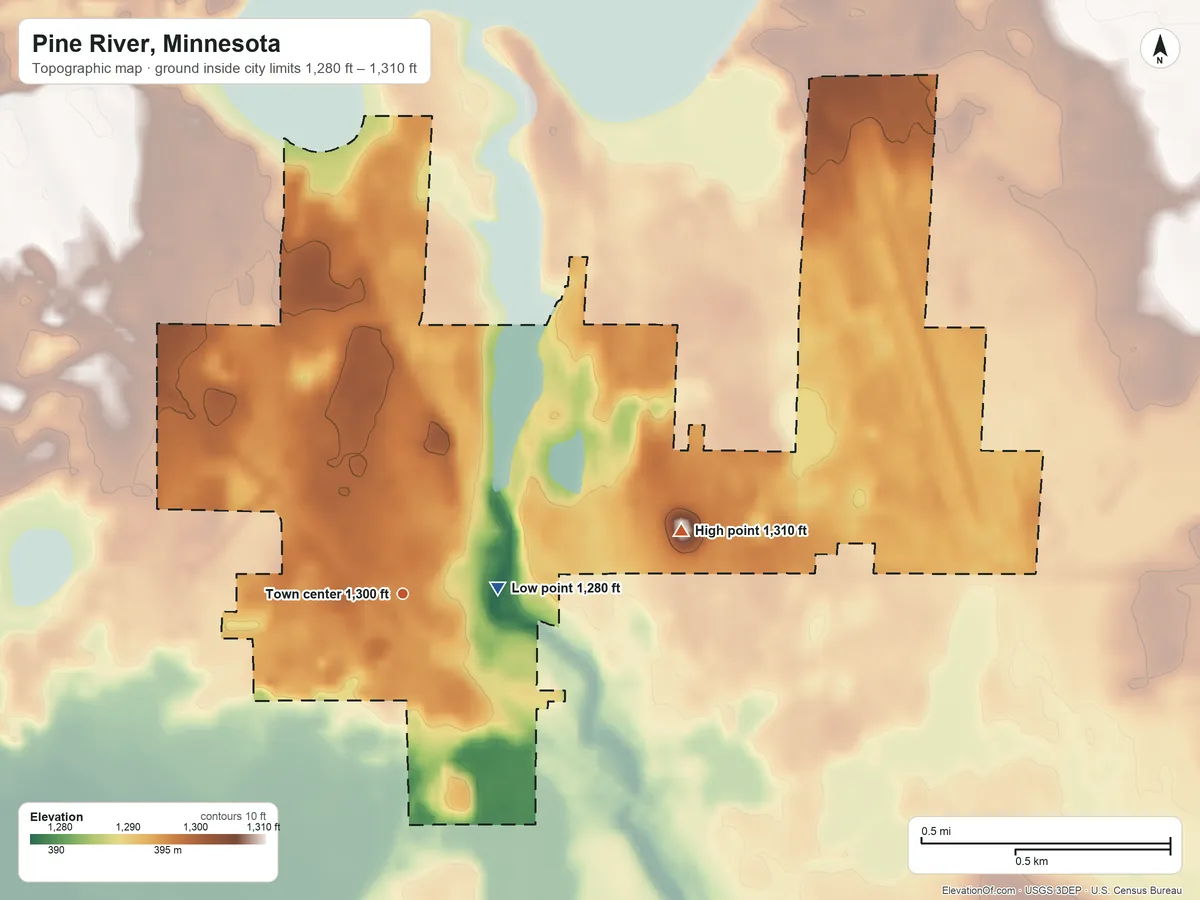 Topographic elevation map of Pine River, Minnesota, shaded from 1,280 ft near the middle to 1,310 ft on the east side