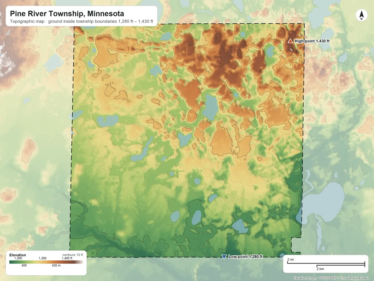 Topographic elevation map of Pine River Township, Minnesota, shaded from 1,280 ft on the south side to 1,430 ft on the northeast side