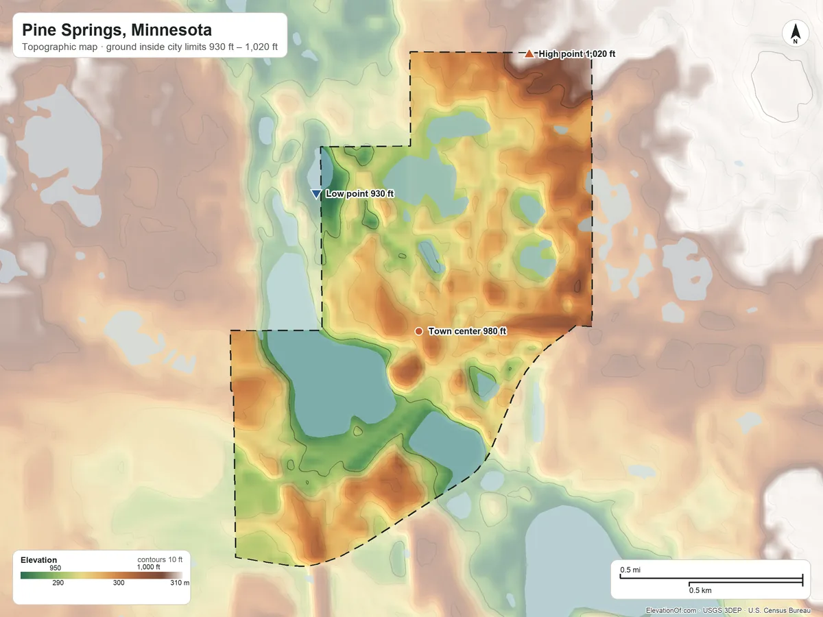 Topographic elevation map of Pine Springs, Minnesota, shaded from 930 ft on the northwest side to 1,020 ft on the north side
