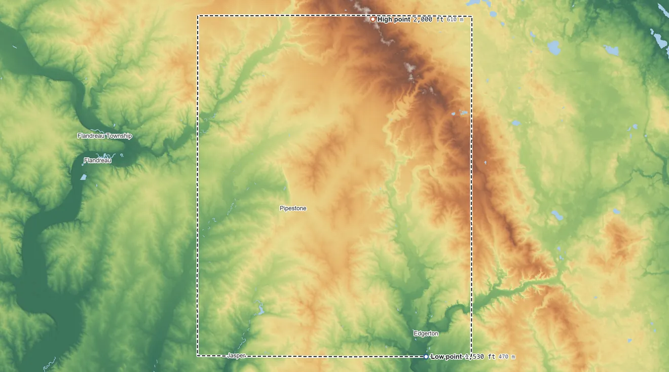 Topographic elevation map of Pipestone County, Minnesota, shaded from 1,530 ft on the southeast side to 2,000 ft on the north side