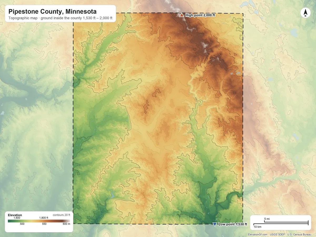 Topographic elevation map of Pipestone County, Minnesota, shaded from 1,530 ft on the southeast side to 2,000 ft on the north side