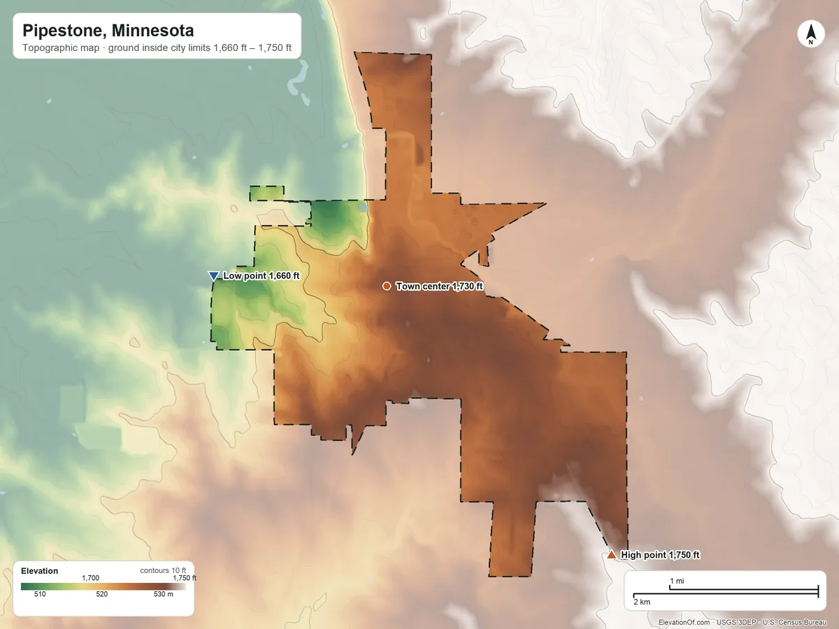 Topographic elevation map of Pipestone, Minnesota, shaded from 1,660 ft on the west side to 1,750 ft on the southeast side