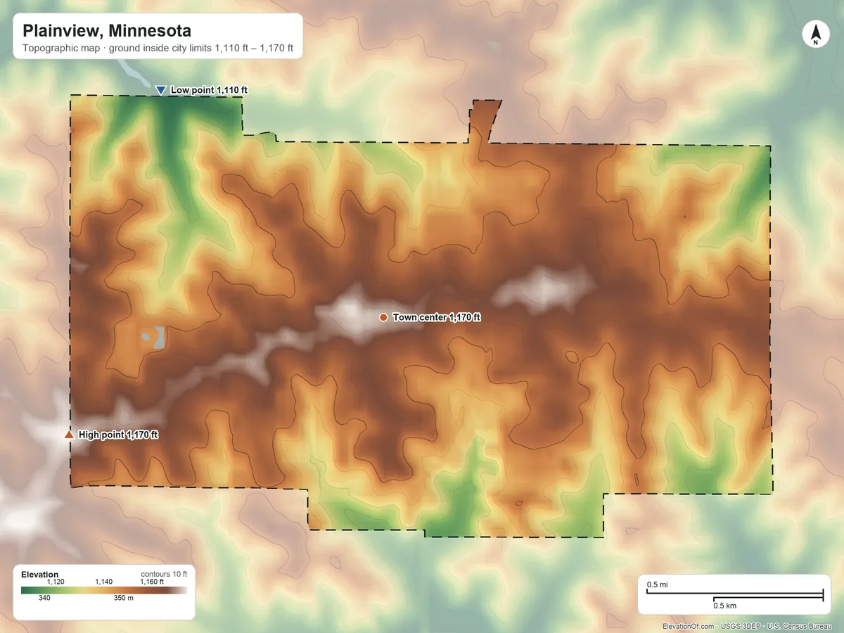 Topographic elevation map of Plainview, Minnesota, shaded from 1,110 ft on the northwest side to 1,170 ft on the west side