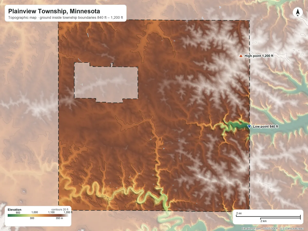 Topographic elevation map of Plainview Township, Minnesota, shaded from 840 ft on the east side to 1,200 ft on the northeast side
