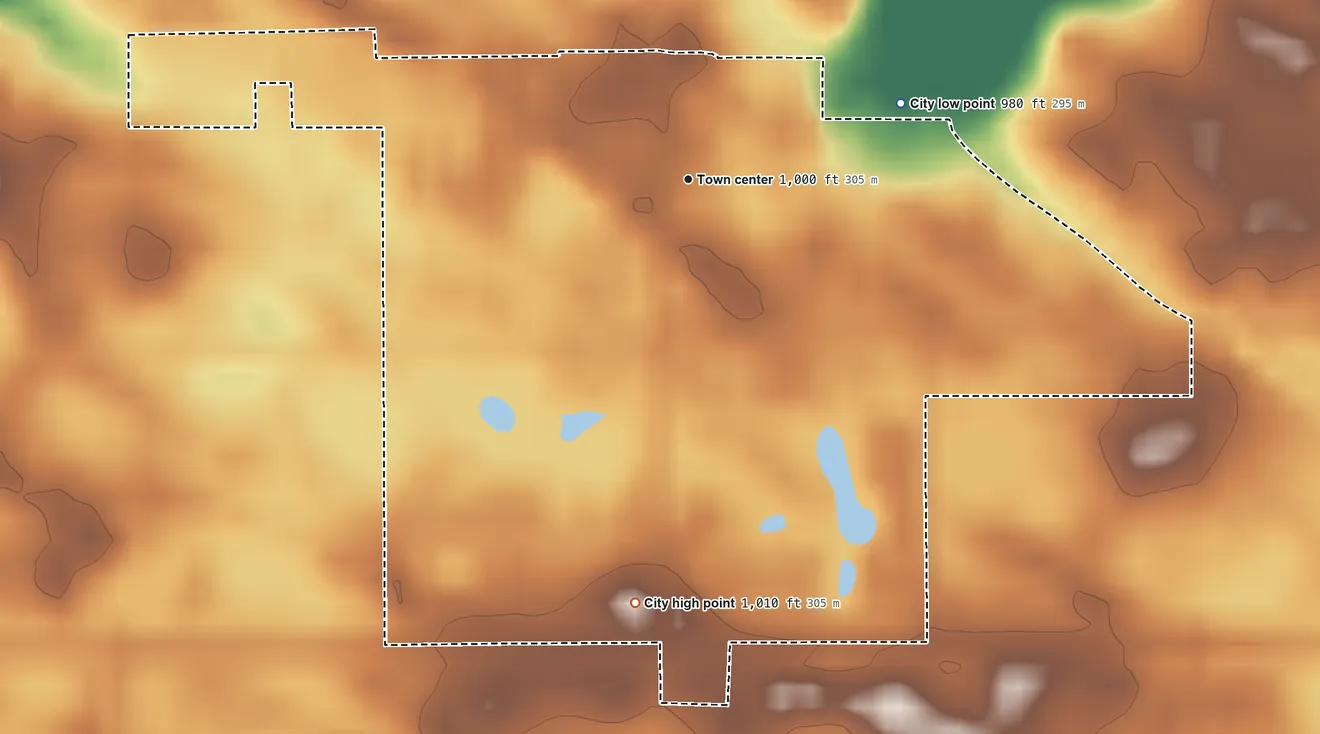 Topographic elevation map of Plato, Minnesota, shaded from 980 ft on the east side to 1,010 ft on the south side