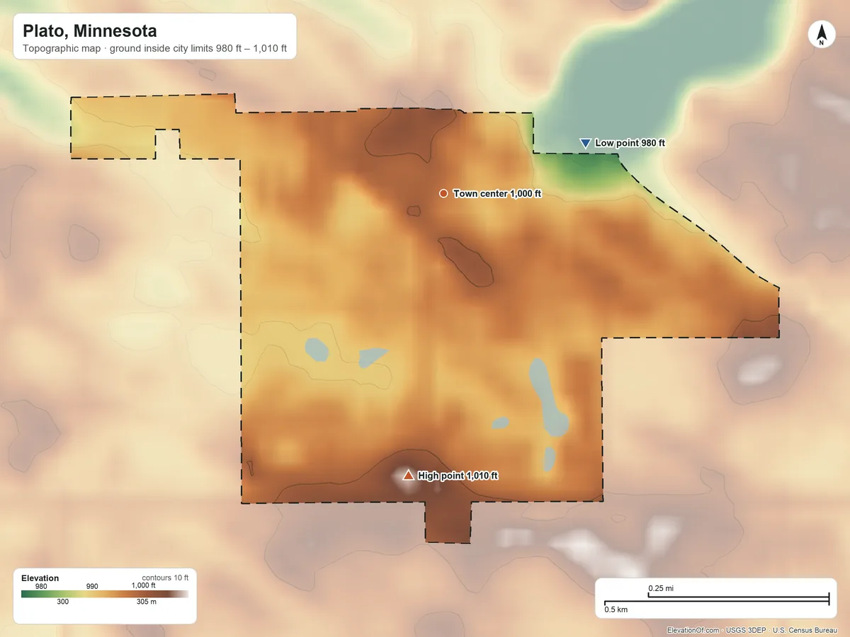 Topographic elevation map of Plato, Minnesota, shaded from 980 ft on the east side to 1,010 ft on the south side