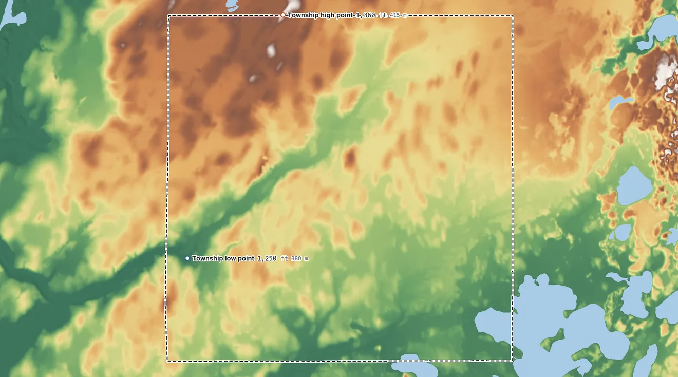 Topographic elevation map of Platte Lake Township, Minnesota, shaded from 1,250 ft on the southwest side to 1,360 ft on the north side