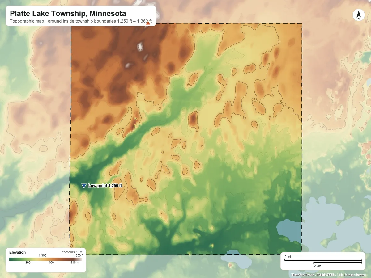 Topographic elevation map of Platte Lake Township, Minnesota, shaded from 1,250 ft on the southwest side to 1,360 ft on the north side