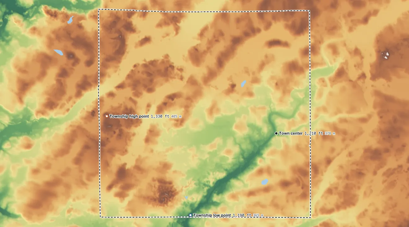 Topographic elevation map of Platte Township, Minnesota, shaded from 1,190 ft on the southwest side to 1,330 ft on the west side