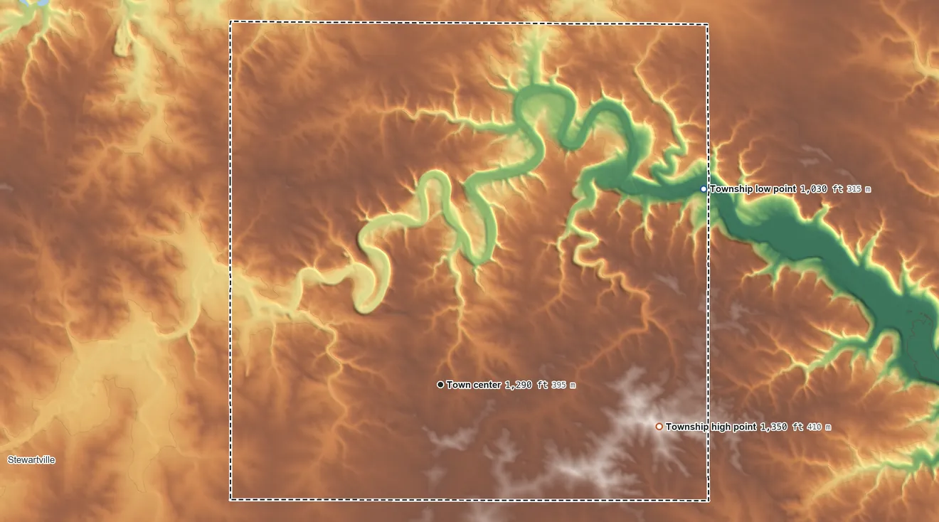 Topographic elevation map of Pleasant Grove Township, Minnesota, shaded from 1,030 ft on the northeast side to 1,350 ft on the east side