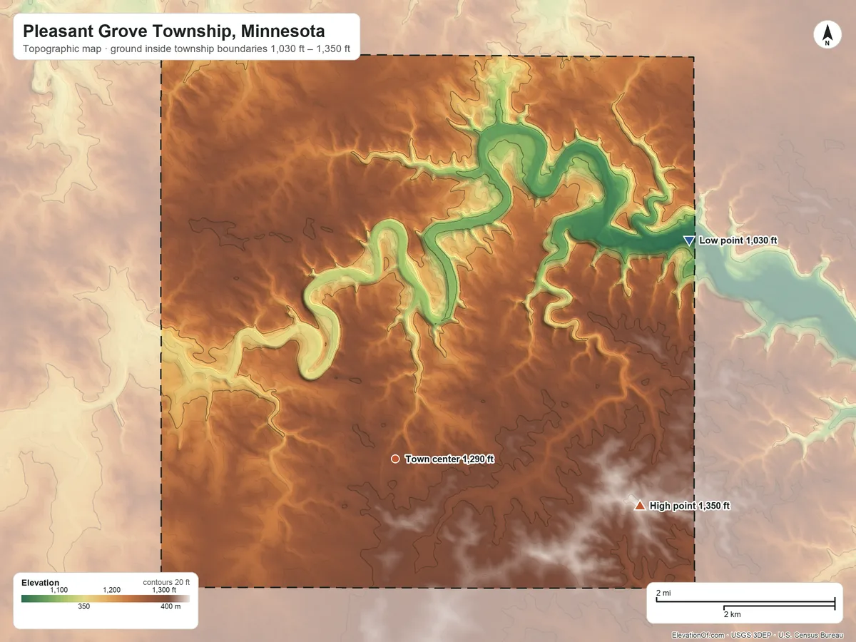 Topographic elevation map of Pleasant Grove Township, Minnesota, shaded from 1,030 ft on the northeast side to 1,350 ft on the east side