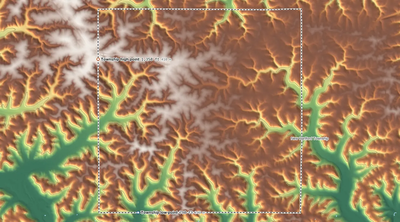 Topographic elevation map of Pleasant Hill Township, Minnesota, shaded from 790 ft on the south side to 1,350 ft on the west side
