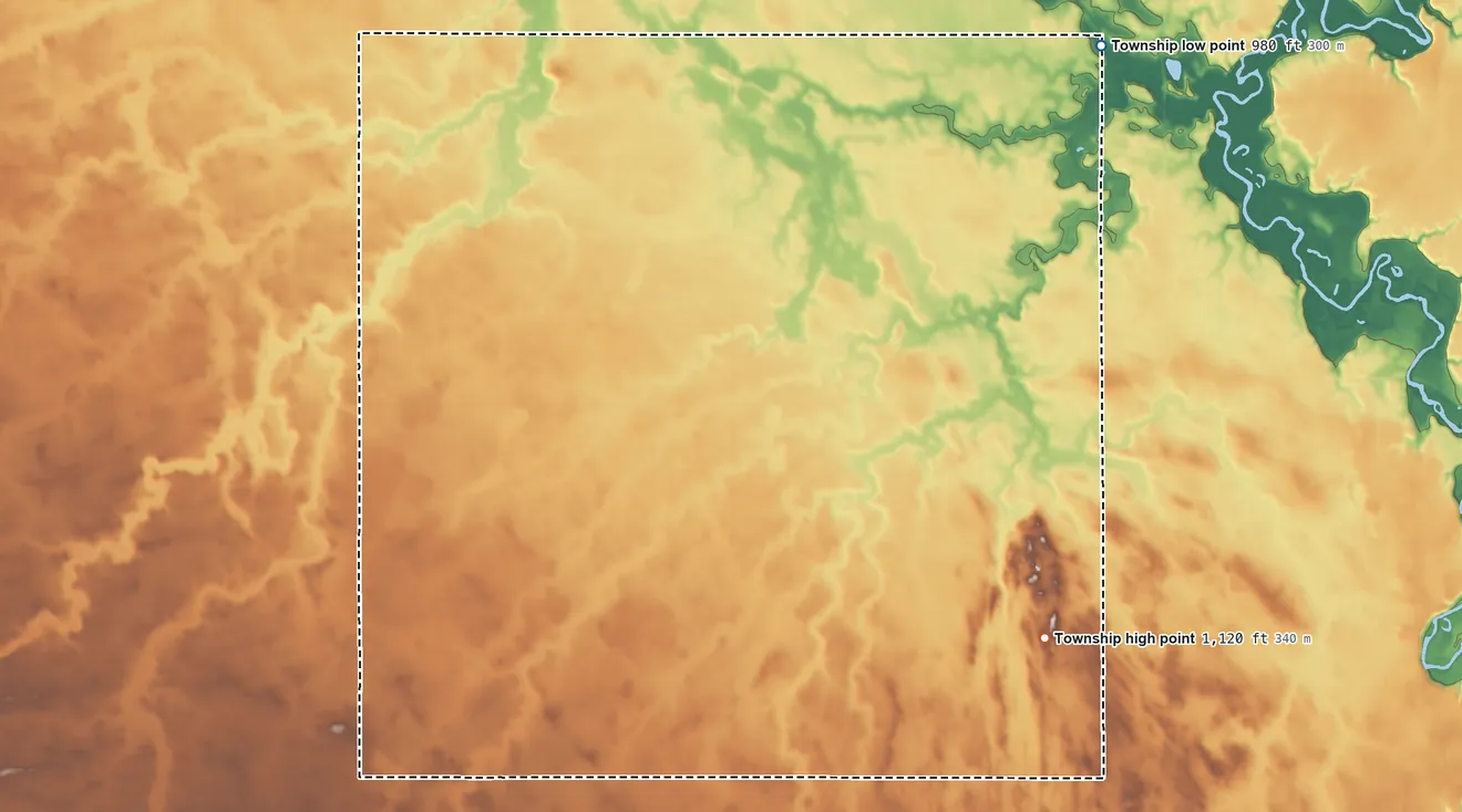Topographic elevation map of Pleasant Mound Township, Minnesota, shaded from 980 ft on the northeast side to 1,120 ft on the southeast side