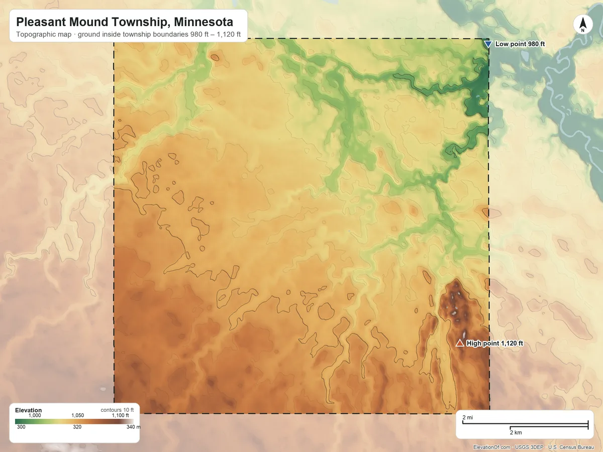 Topographic elevation map of Pleasant Mound Township, Minnesota, shaded from 980 ft on the northeast side to 1,120 ft on the southeast side