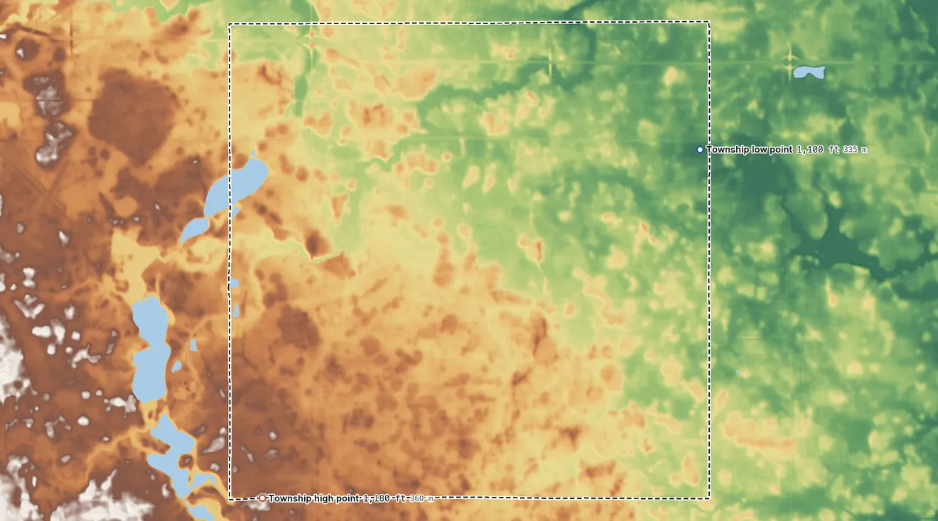 Topographic elevation map of Pleasant Prairie Township, Minnesota, shaded from 1,100 ft on the east side to 1,180 ft on the southwest side