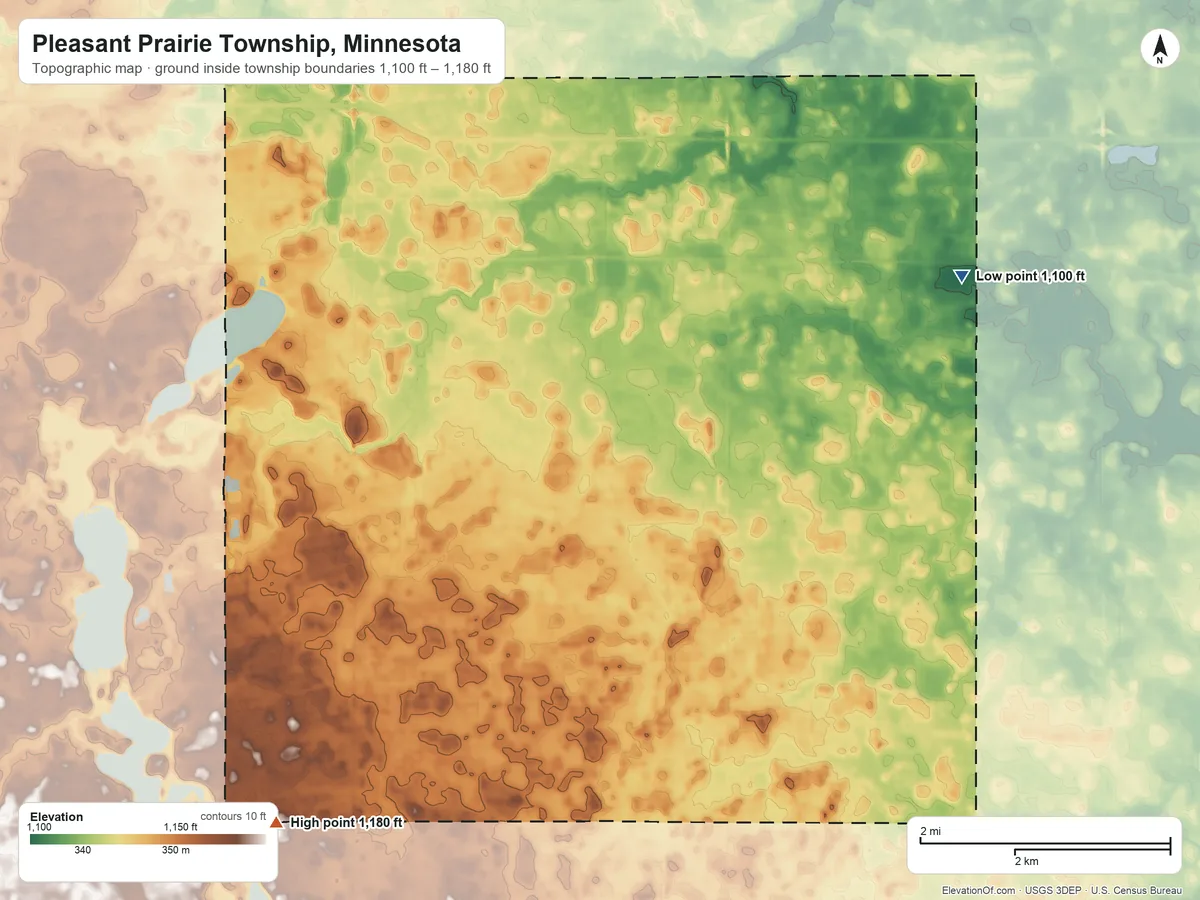 Topographic elevation map of Pleasant Prairie Township, Minnesota, shaded from 1,100 ft on the east side to 1,180 ft on the southwest side