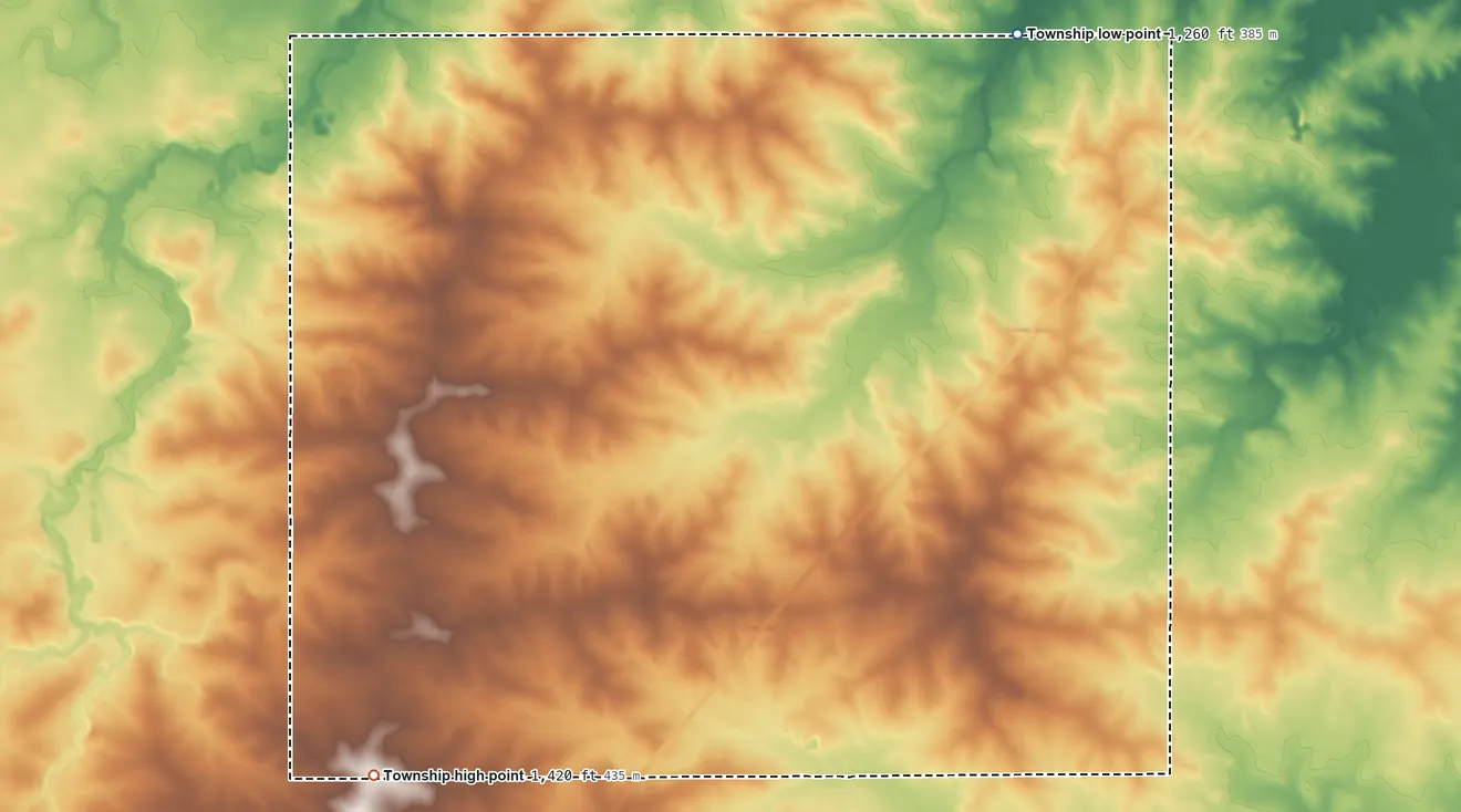 Topographic elevation map of Pleasant Valley Township, Minnesota, shaded from 1,260 ft on the northeast side to 1,420 ft on the southwest side