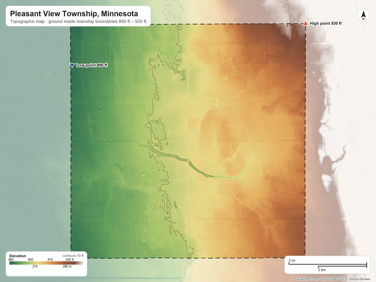 Topographic elevation map of Pleasant View Township, Minnesota, shaded from 890 ft on the northwest side to 930 ft on the northeast side