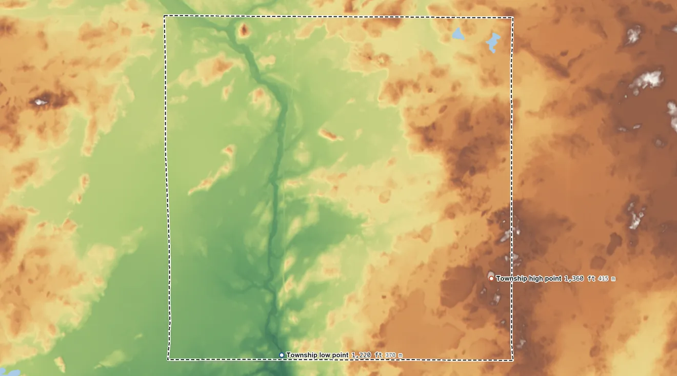 Topographic elevation map of Pliny Township, Minnesota, shaded from 1,220 ft on the southwest side to 1,360 ft on the east side