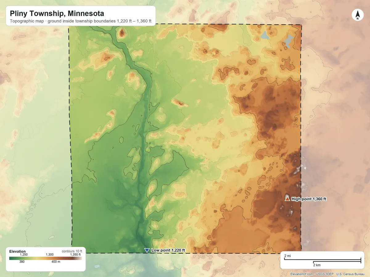 Topographic elevation map of Pliny Township, Minnesota, shaded from 1,220 ft on the southwest side to 1,360 ft on the east side