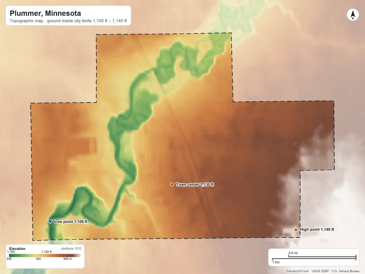 Topographic elevation map of Plummer, Minnesota, shaded from 1,100 ft on the west side to 1,140 ft on the east side