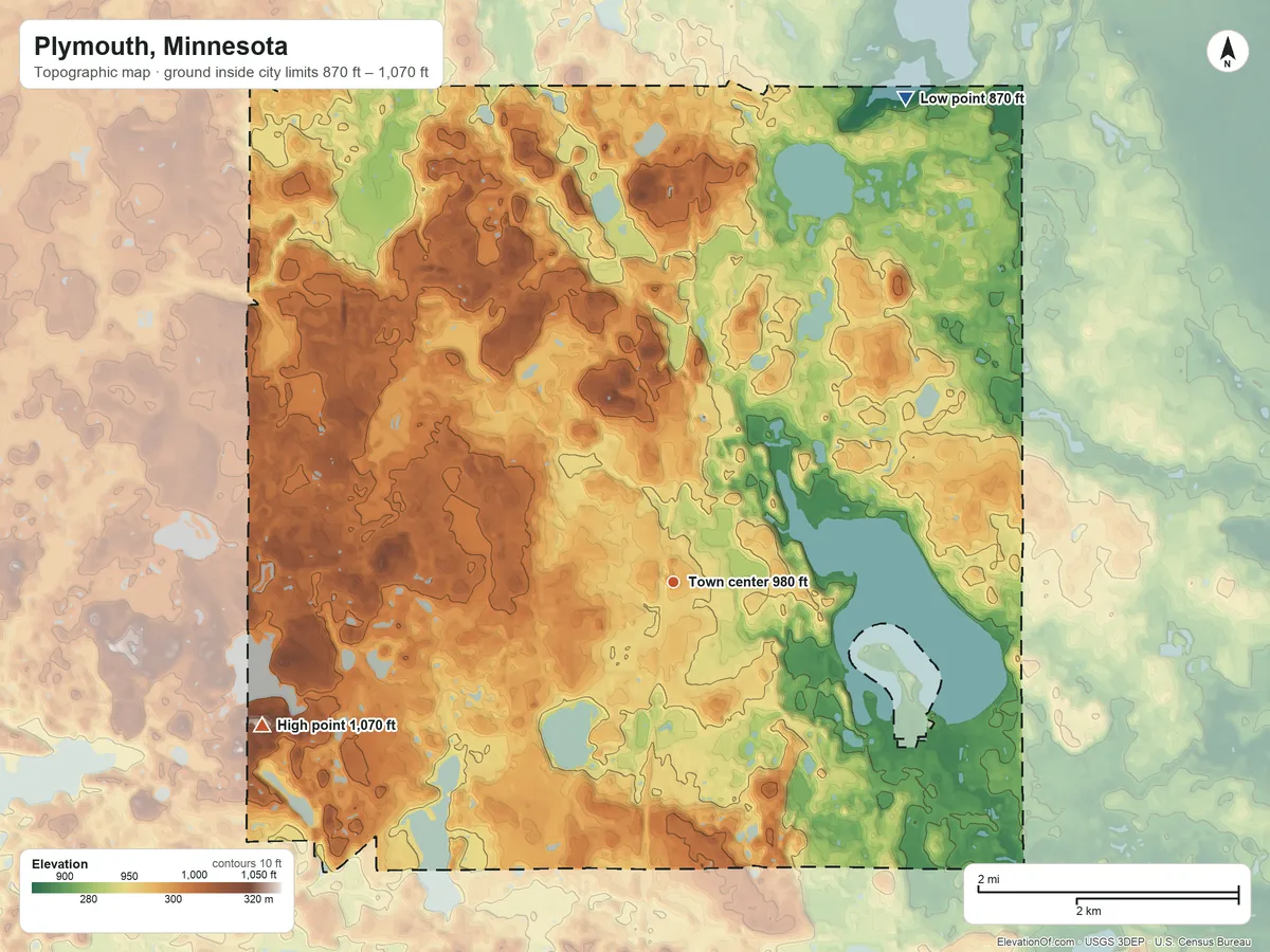 Topographic elevation map of Plymouth, Minnesota, shaded from 870 ft on the northeast side to 1,070 ft on the west side