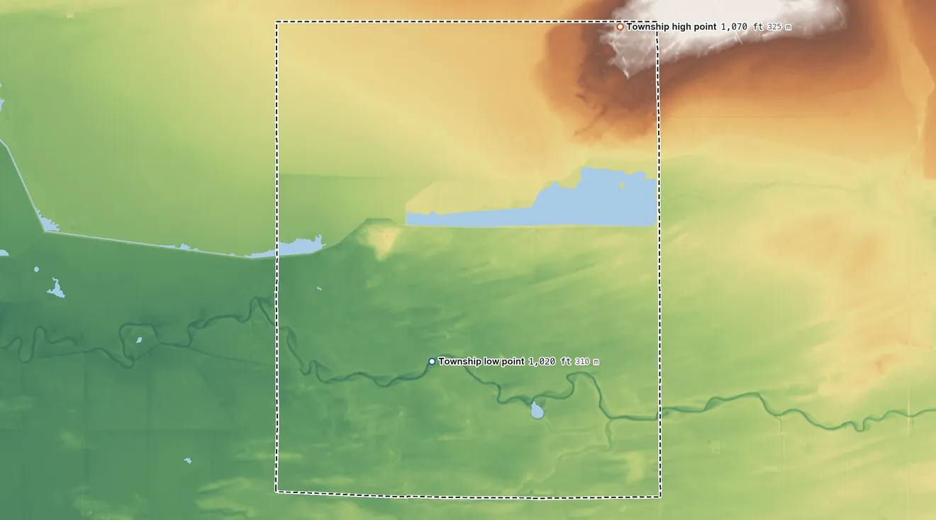 Topographic elevation map of Pohlitz Township, Minnesota, shaded from 1,020 ft near the middle to 1,070 ft on the northeast side