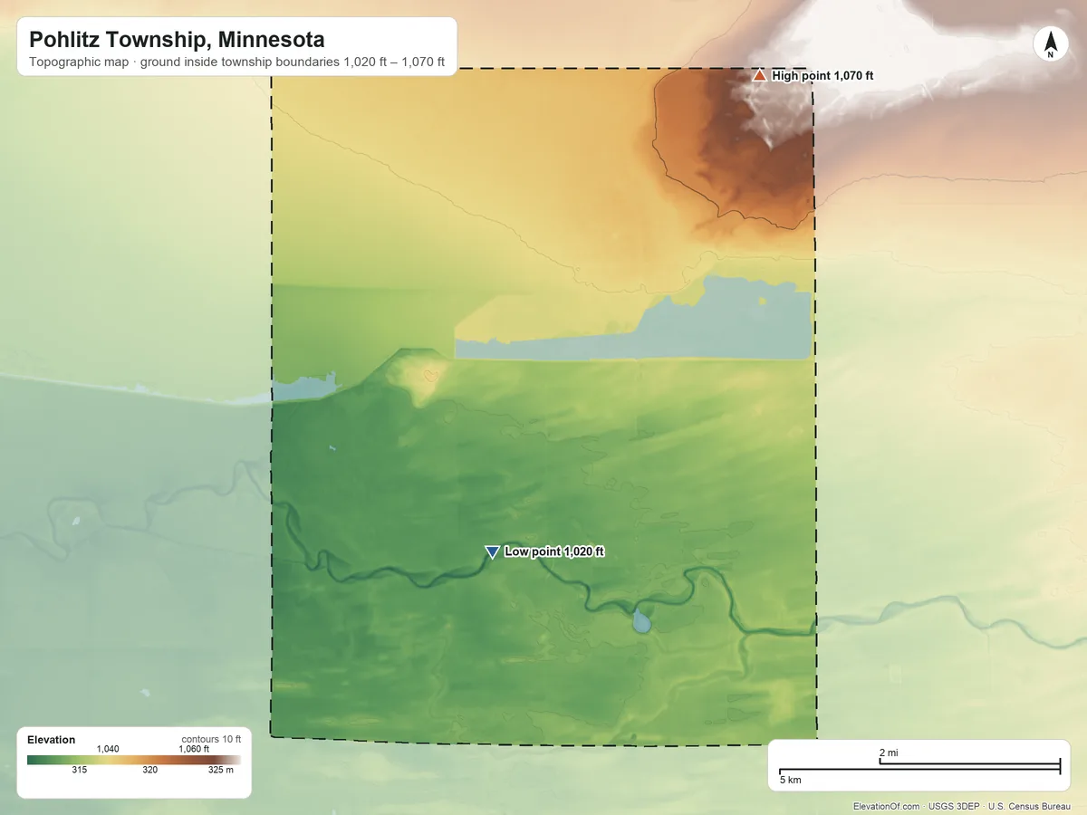 Topographic elevation map of Pohlitz Township, Minnesota, shaded from 1,020 ft near the middle to 1,070 ft on the northeast side