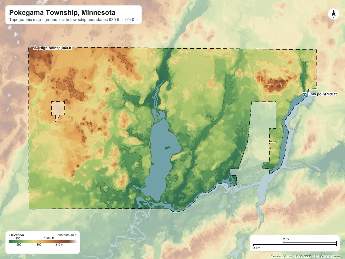 Topographic elevation map of Pokegama Township, Minnesota, shaded from 930 ft on the east side to 1,040 ft on the northwest side