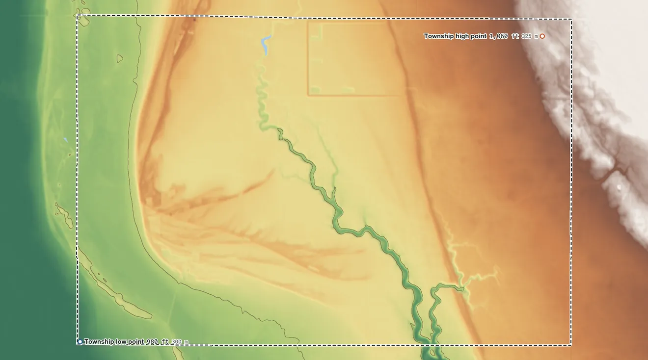 Topographic elevation map of Polk Centre Township, Minnesota, shaded from 980 ft on the southwest side to 1,060 ft on the northeast side