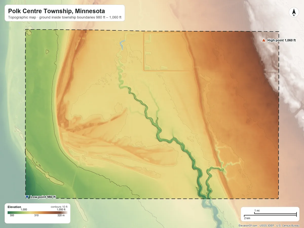 Topographic elevation map of Polk Centre Township, Minnesota, shaded from 980 ft on the southwest side to 1,060 ft on the northeast side