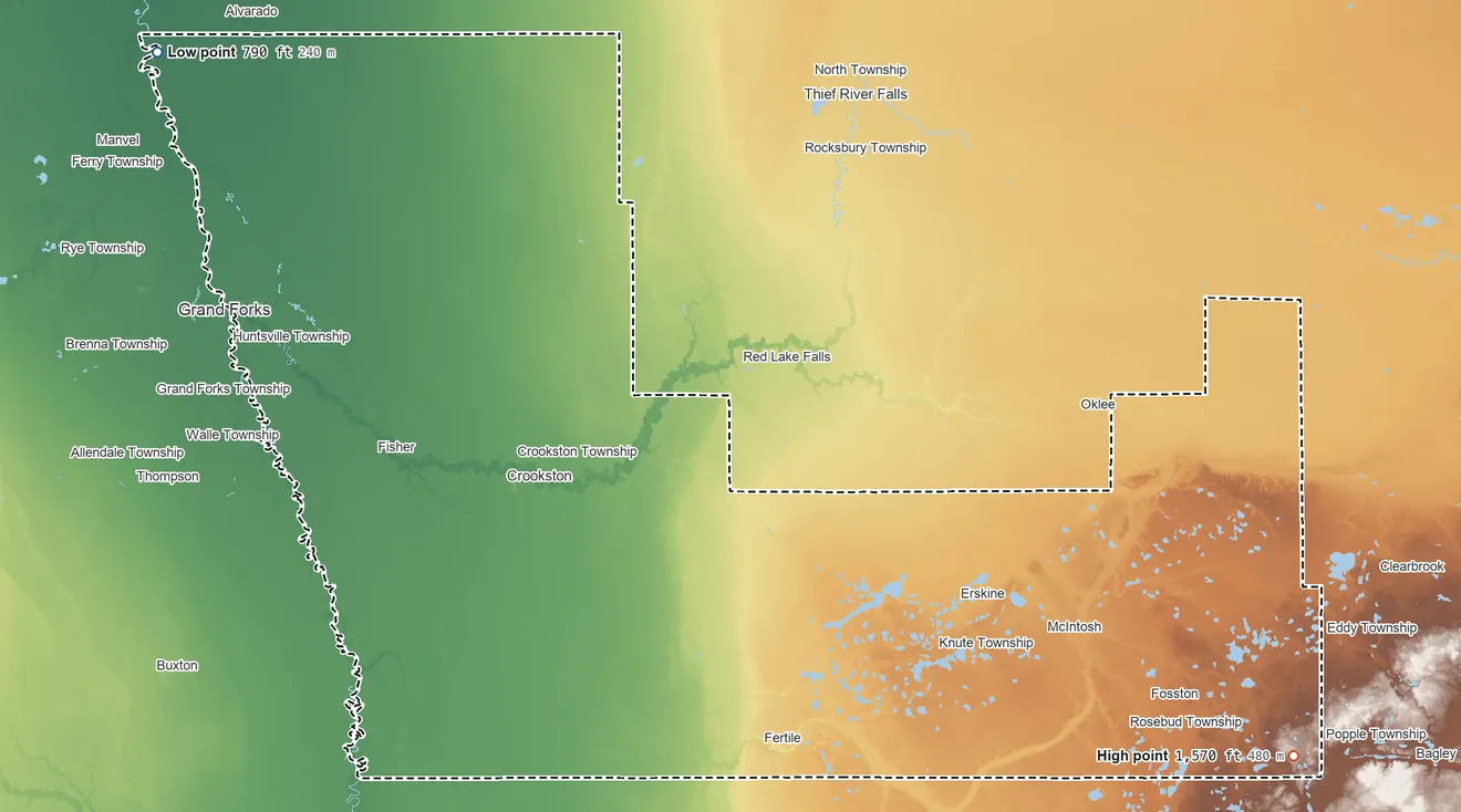 Topographic elevation map of Polk County, Minnesota, shaded from 790 ft on the northwest side to 1,570 ft on the southeast side