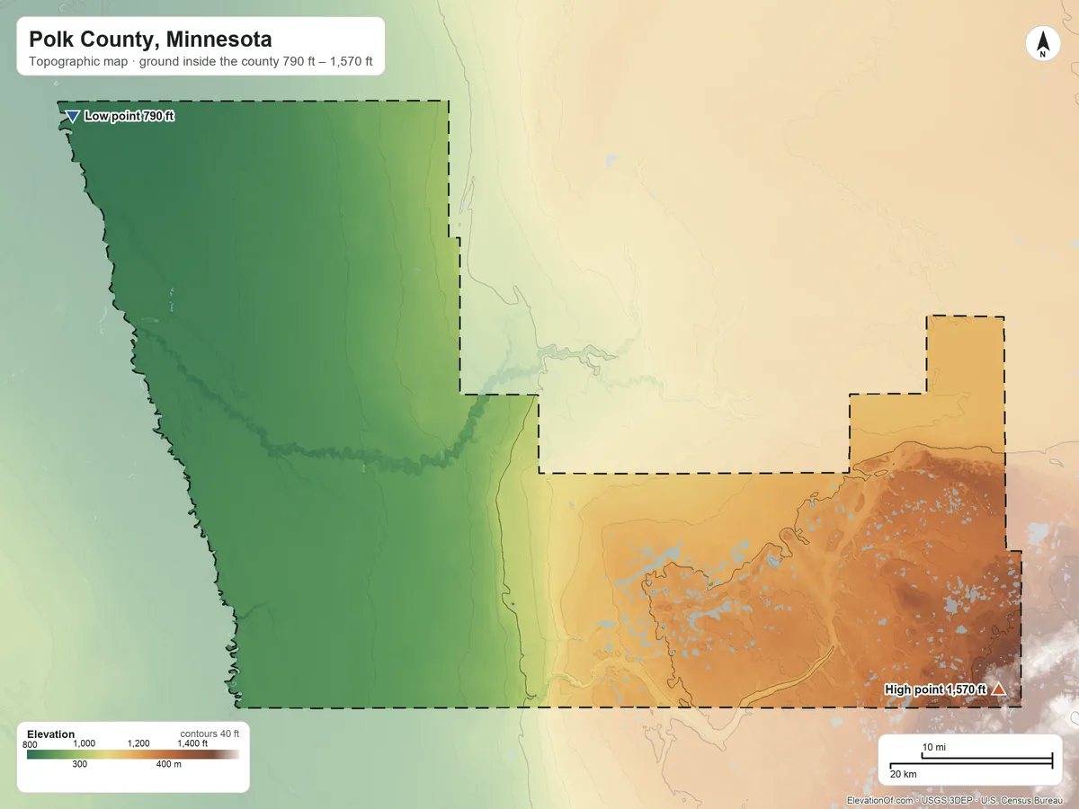 Topographic elevation map of Polk County, Minnesota, shaded from 790 ft on the northwest side to 1,570 ft on the southeast side