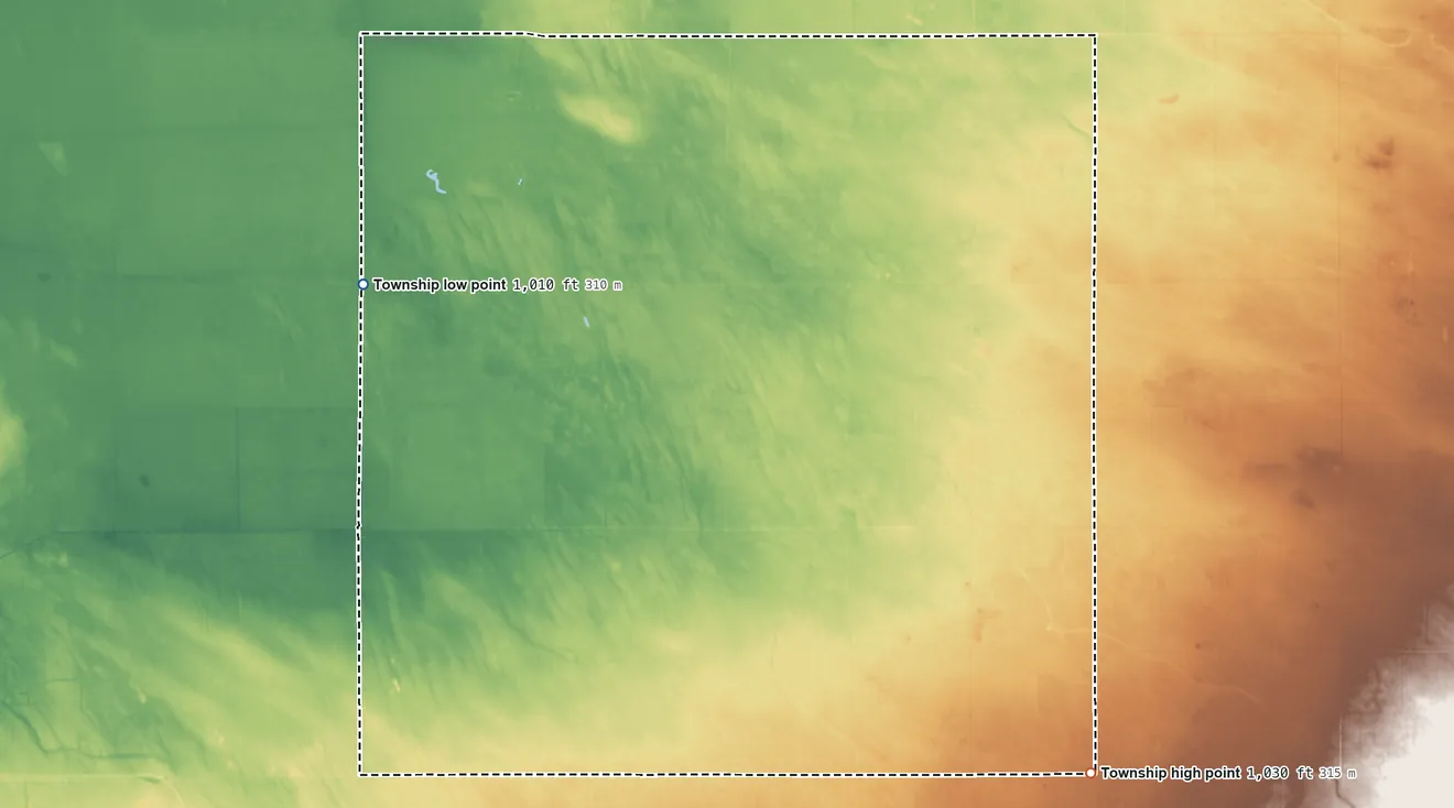 Topographic elevation map of Polonia Township, Minnesota, shaded from 1,010 ft on the west side to 1,030 ft on the south side