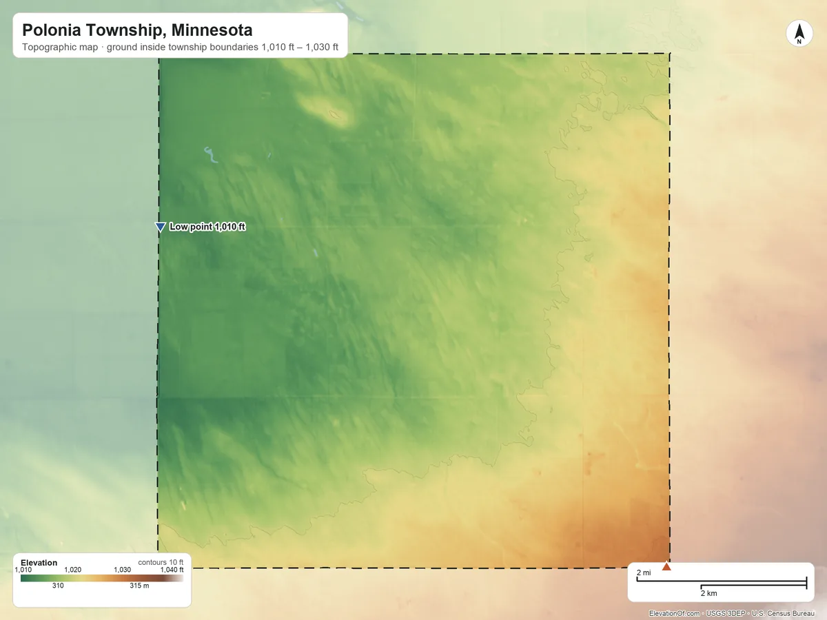 Topographic elevation map of Polonia Township, Minnesota, shaded from 1,010 ft on the west side to 1,030 ft on the south side