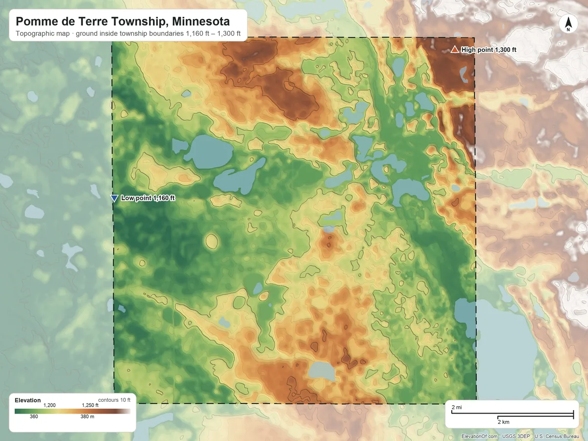 Topographic elevation map of Pomme de Terre Township, Minnesota, shaded from 1,160 ft on the west side to 1,300 ft on the northeast side