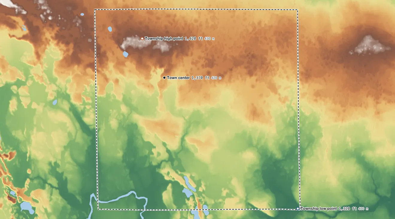 Topographic elevation map of Pomroy Township, Itasca County, Minnesota, shaded from 1,320 ft on the southeast side to 1,420 ft on the northwest side