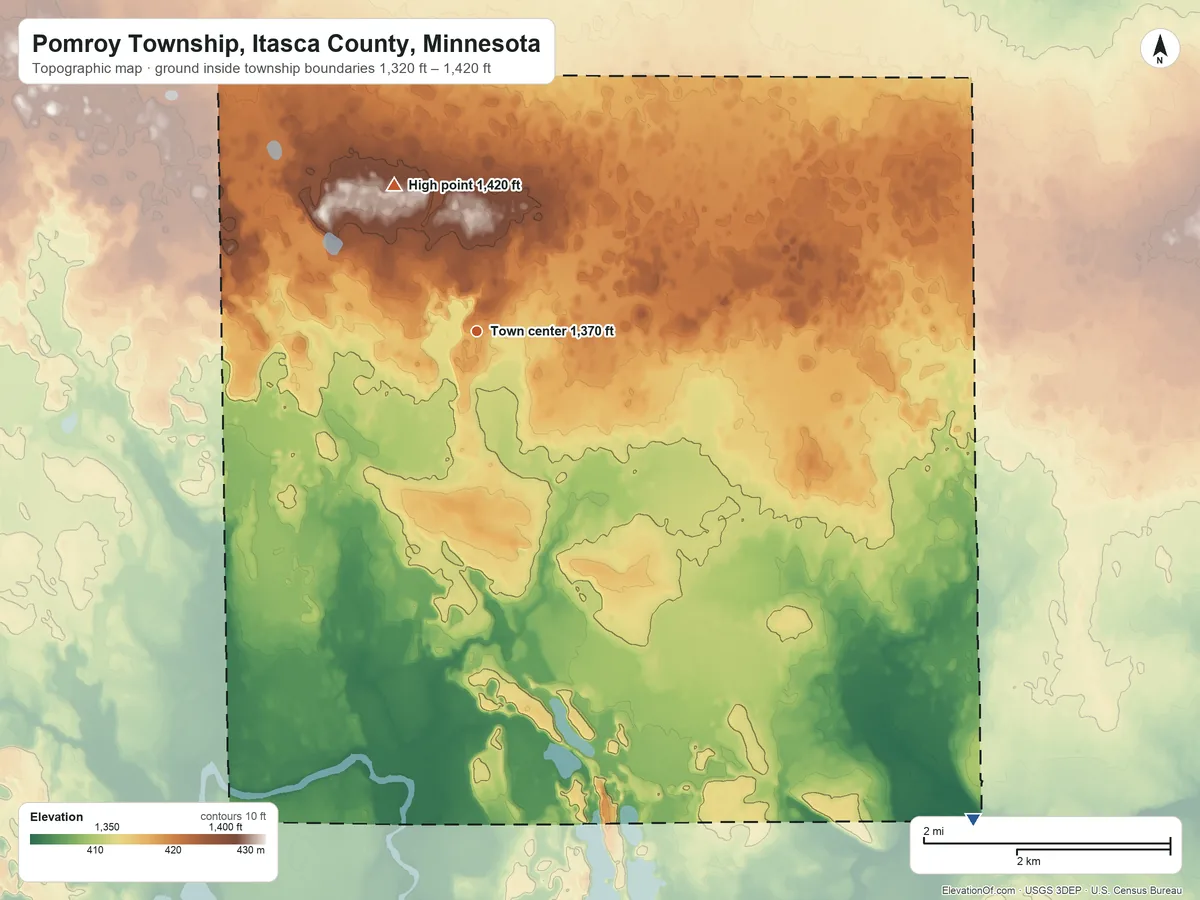 Topographic elevation map of Pomroy Township, Itasca County, Minnesota, shaded from 1,320 ft on the southeast side to 1,420 ft on the northwest side