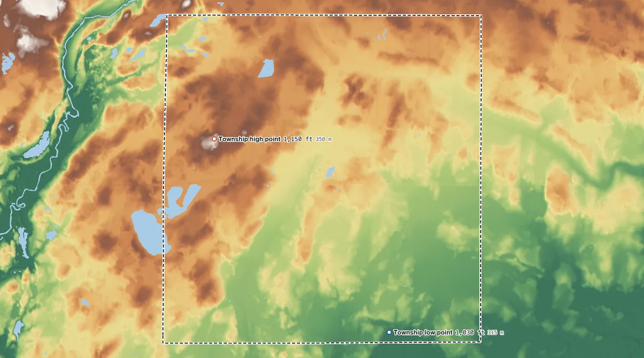 Topographic elevation map of Pomroy Township, Minnesota, shaded from 1,030 ft on the southeast side to 1,150 ft on the west side