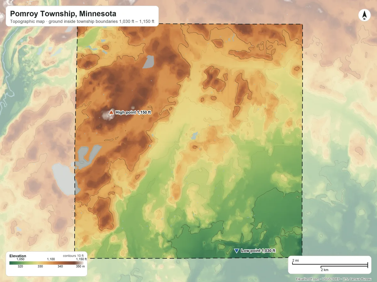 Topographic elevation map of Pomroy Township, Minnesota, shaded from 1,030 ft on the southeast side to 1,150 ft on the west side